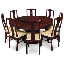 US Seller - Dark Cherry Rosewood Longevity Round Dining Set with 8 Chairs
