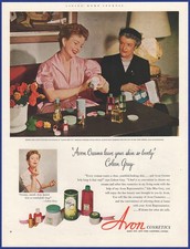 De colección 1952 AVON Cosmetics Perfume Maquillaje Cremas Coleen Gris Años 50 Anuncio Impreso