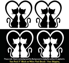 Cats in Love Heart Two Pack of 5" White or Black Vinyl Decals Vehicle Windows