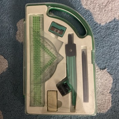 VTG 1960s MCM MATH SET COMPASS SHAPENER ERASER 6'' RULER NOS ORIGINAL GREEN CASE