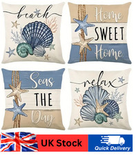 Summer Nautical Beach Shell Starfish Sealife Linen Cushion 4 Covers Set 45x45cm 