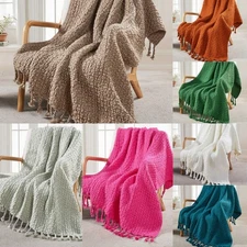 Chunky Knit Throw Blanket w/ Braided Tassels Soft Thick Yarn Basket Weave Boho