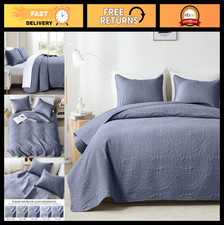 Queen Size Ultrasonic Quilt Set - Bluish Grey Lightweight Bedspread, 3 Piece Cov