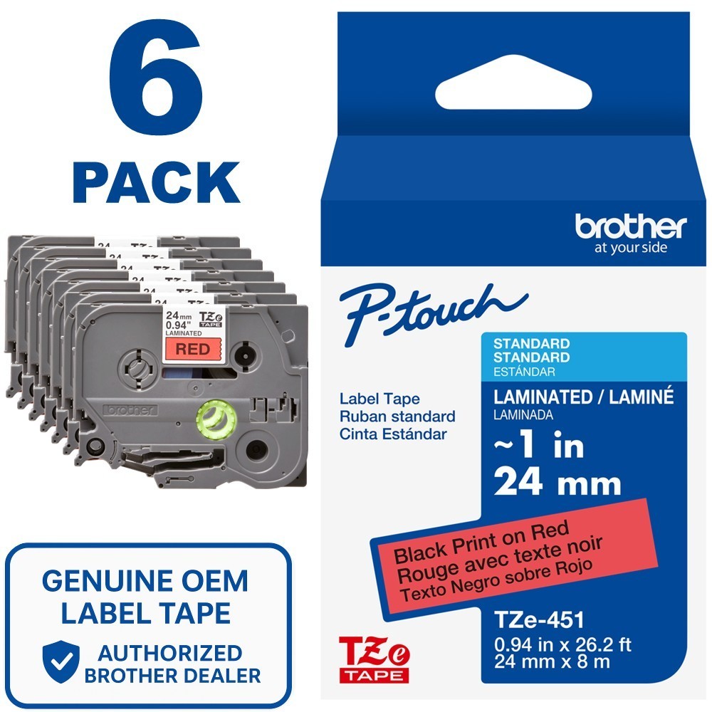 Genuine Brother TZe-451 Black on Red 24mm 1" P-Touch Label Tape (6-PACK)