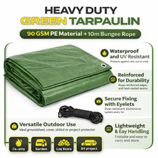 90GSM Green Tarpaulin Waterproof Sheet + 10m Bungee Rope Outdoor Cover