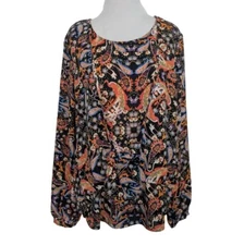 Belle & Sky Bird Paisley Blouse Womens Size Large Black Knotted Tie Front