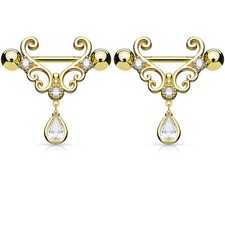 Pair of CZ Tear Drop Dangle Heart 14K Gold Plated Nipple Rings Barbell 14g 9/16"