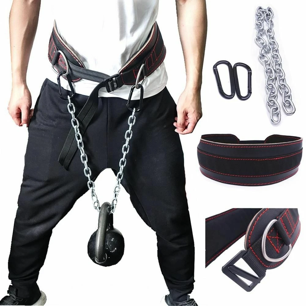 Fitness Leather Weight Lifting Dip Belt with Chain Pull-Ups Squat Back  Support