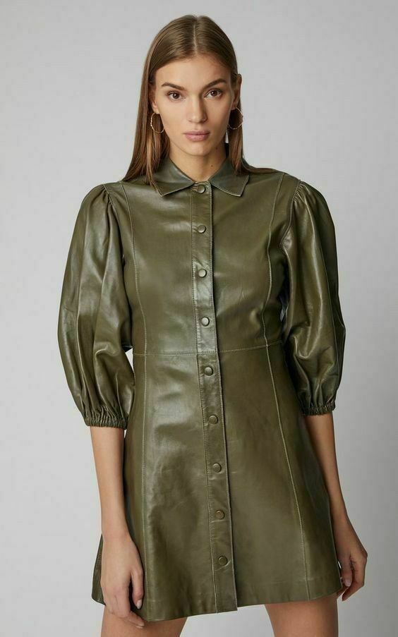 real leather dress women Green Soft Lambskin 100% Leather Puffer Sleeve Dres-024 im looking for round mirrors