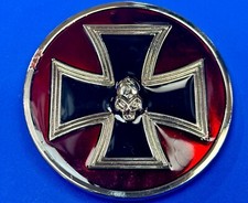 Enamel Round Iron Maltese Cross With Centered Silver Color Skull Belt Buckle