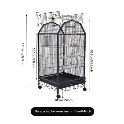 Black Rolling Bird Cage Wrought Iron Top Open Large Parrot Cage w/Rolling Stand