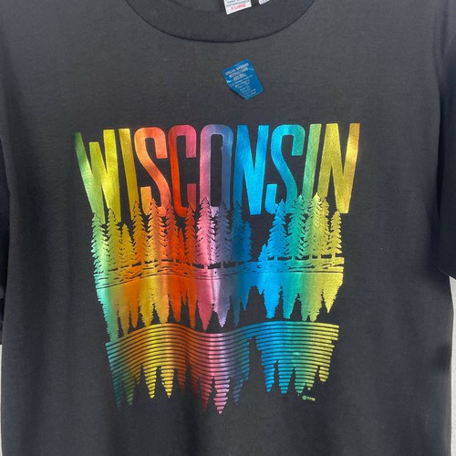 NEW Black Shiny Rainbow WISCONSIN TREES State Souvenir T-Shirt Shirt Men's Sz XL - Picture 2 of 6