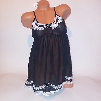 Passion Forever Lingerie Teddy Babydoll Chemise Black White Lace Trim Ruffled