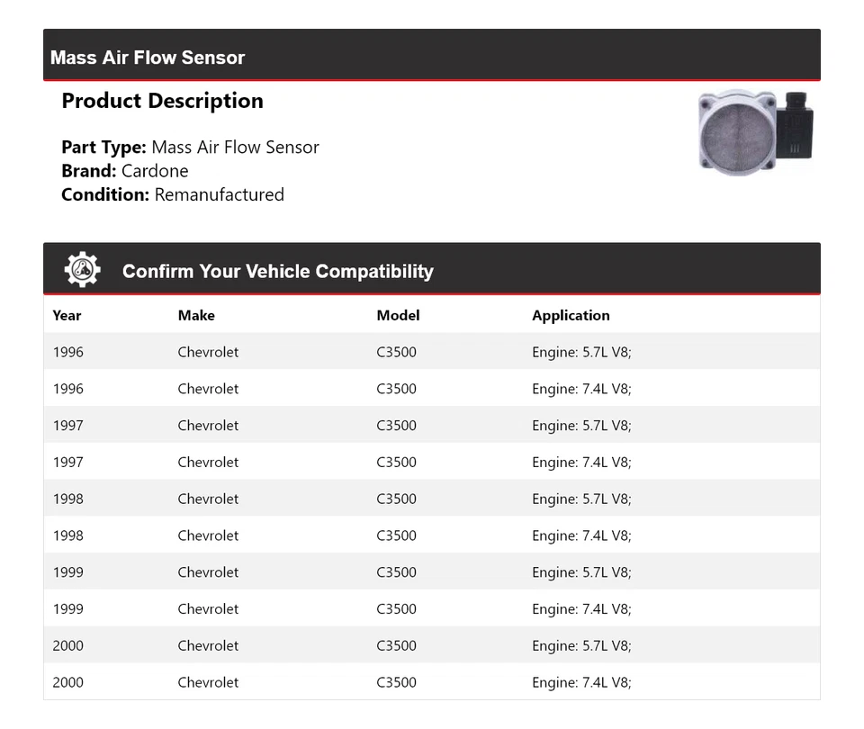 For 1996-2000 Chevrolet C3500 Mass Air Flow Sensor Cardone 1997 1998 1999 - Image 2 of 4