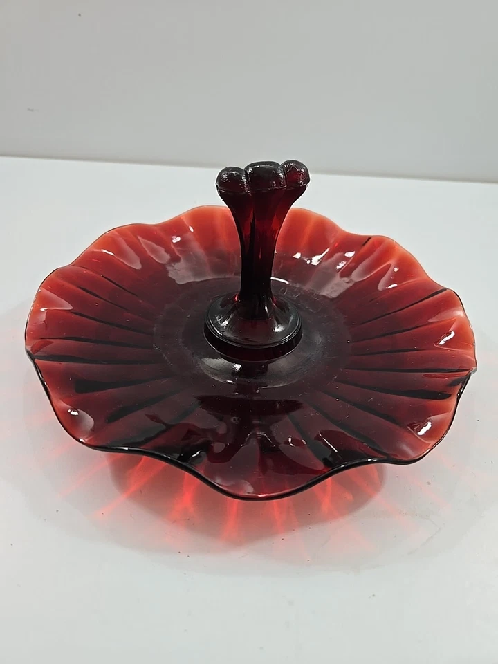 Anchor Hocking Tidbit Mint Tray w/Center Handle Royal Ruby Red Glass Ruffled Rim - Image 3 of 4