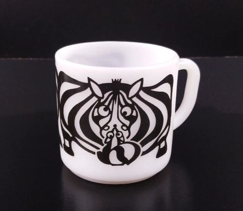 Vintage Federal Milk Glass Comical Zebra & Skunk Mug Cup - Front and Back Design