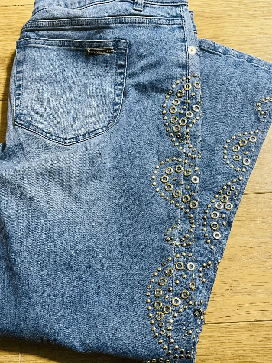 Michael Kors Blue Cropped Jeans With Gold Studs SIZE 16 In Excellent Condition