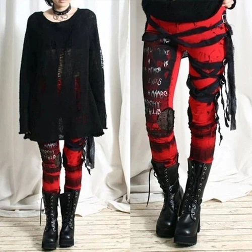 Damen Steampunk Gothic Hosen Kariert Cargohose Freizeithose Leggings Cosplay DE* - Bild 9 von 13