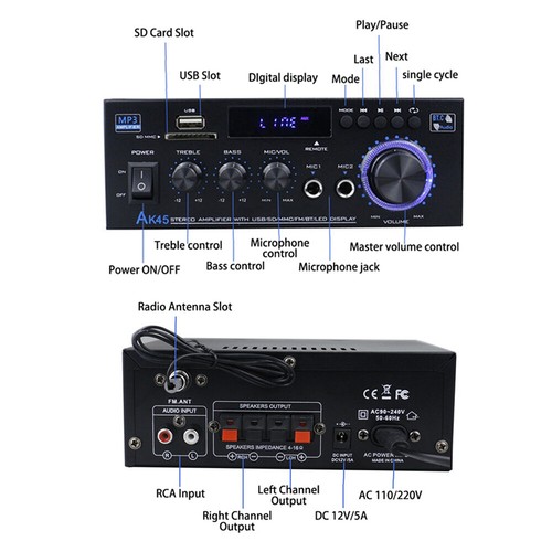 AK45 Mini Amplifier w/USB/SD/FM - 40W RMS Stereo Sound System - Picture 4 of 7