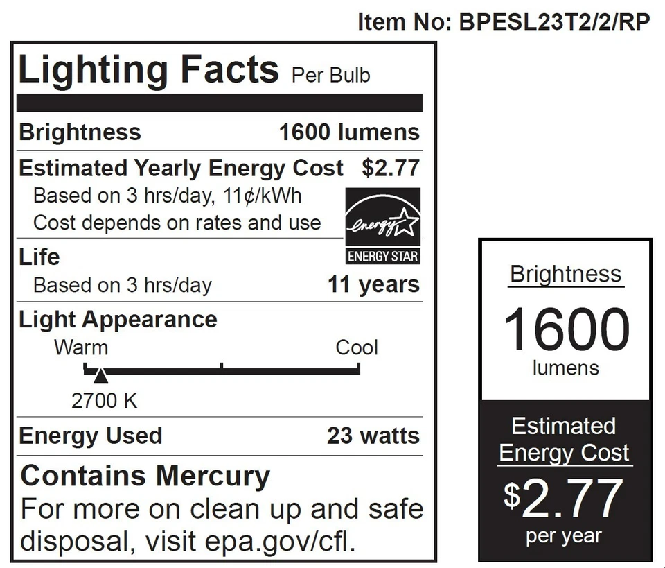 (2 PACK) Feit Mini T2 ECOBulb 23W / 100W 120V A19 White CFL E26 BPESL23T2/2 - Image 3 of 3