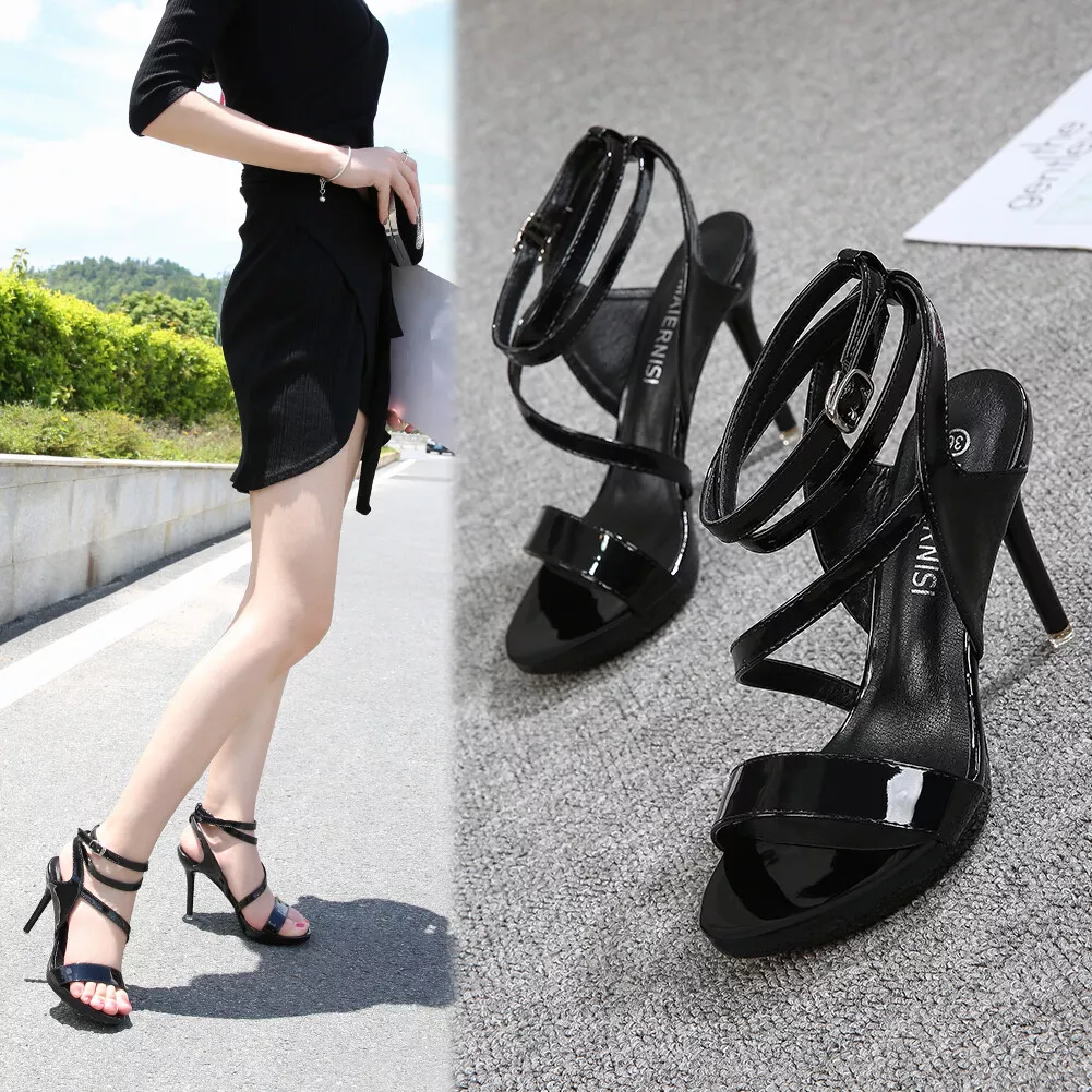 Black Drag Queen Sandals Strappy Mens Heels Crossdresser Cut Out