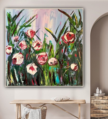 Framed Original Abstract Oil Painting On Canvas 80x80cm Summer Roses Textured - Picture 9 of 24