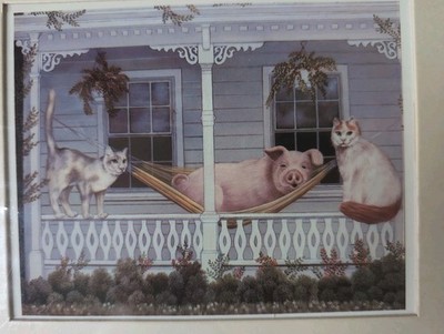 Back Porch Cat Pig Victorian Home Lithograph Portal Publications Cottagecore