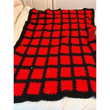 Handmade Granny Square Crochet Afghan Red Black Throw Blanket Vintage Roseanne