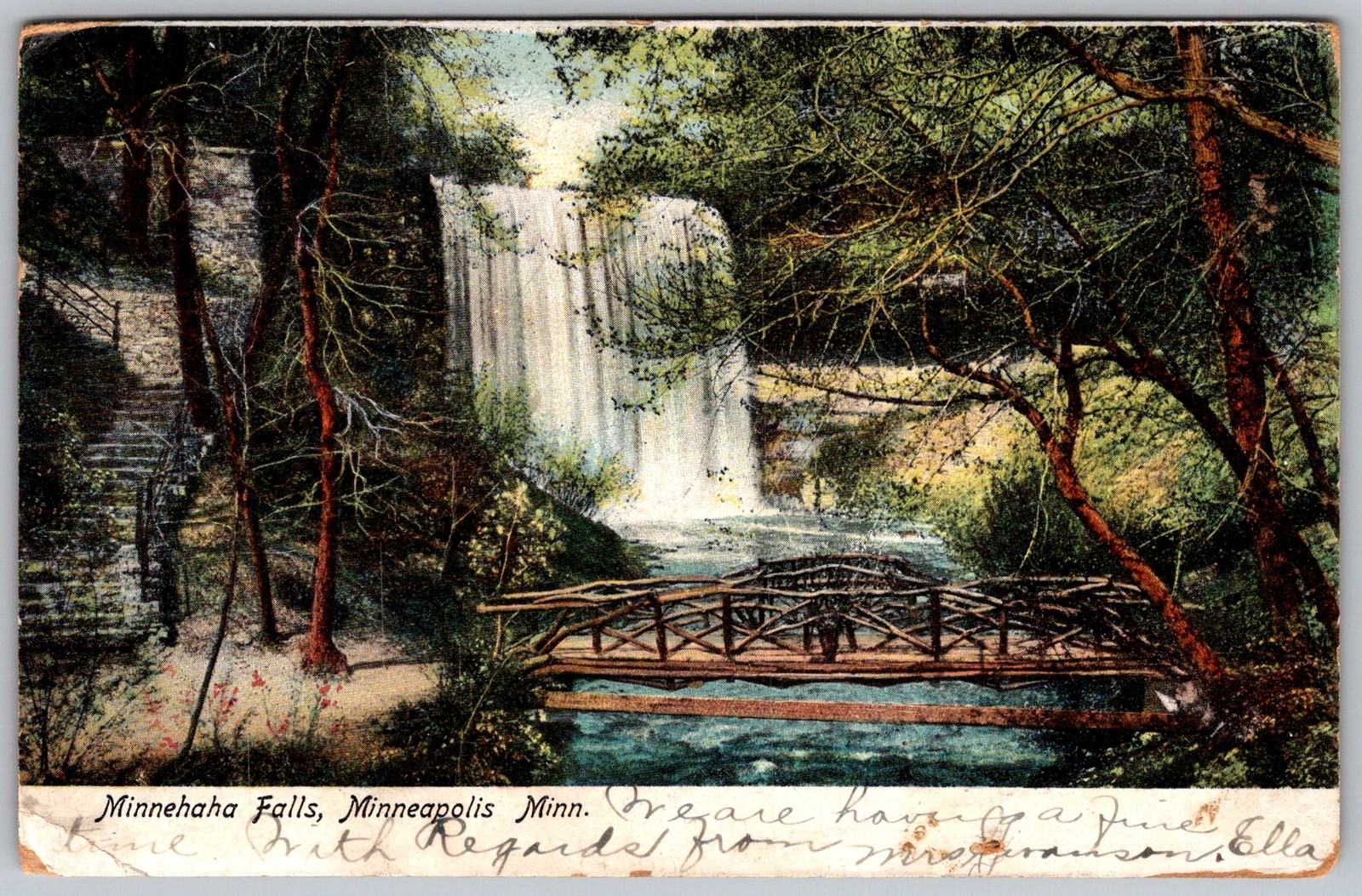Antique Postcard Minnehaha Falls Bridge Minneapolis, MN 1900s