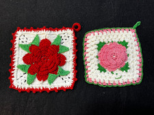 2 Vintage Rose Crocheted Potholders