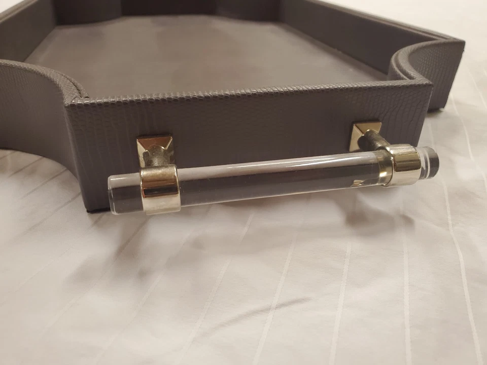 Regency Decorative Gray Rectangle Tray with Nickel Acrylic Handles Vegan Leather - Image 3 of 4