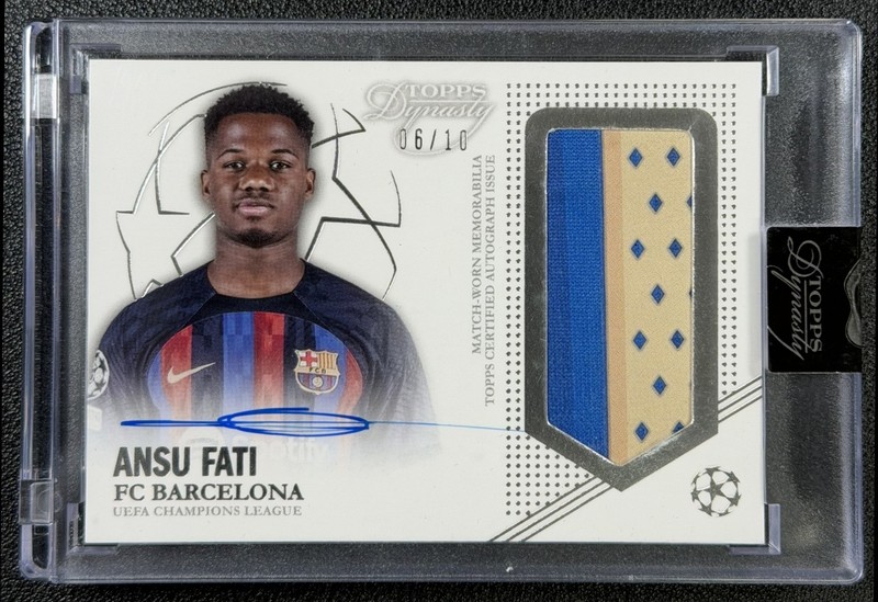 ANSU FATI 2022-23 TOPPS DYNASTY UCL #AP-AF2 MATCH-WORN JERSEY PATCH AUTO 6/10