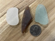 Sea glass - 3 Aqua, Brown, And White Top Drilled Pendant Pieces - Lot  333