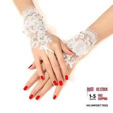 White Lace Beaded Pearl Rhinestone Short Mesh Gloves Tulle Wedding Opera Tea