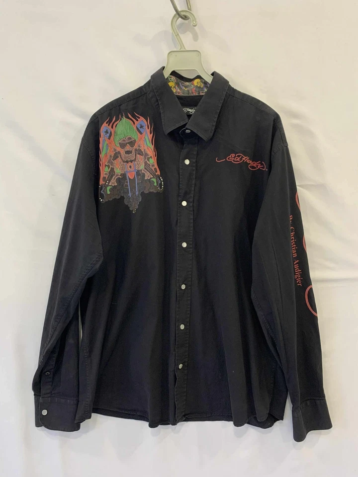 Camisa Ed Hardy de Christian Audigier para hombre con botones 3XL negra calavera llamas #C8 Foto 2 de 4