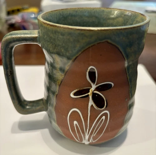 Vintage Handmade Green Floral Pottery 10 oz. Coffee Cup / Mug Made In Japan