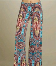 Women's Wide Leg Boho Printed Pants Large New