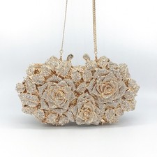Gold Crystal Rose Evening Clutch Bag Bridal Prom Wedding Party Handbag Purse