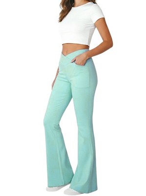 Women Flare Leggings Yoga Pants with Pockets High Waist Crossover Bell Bottom s