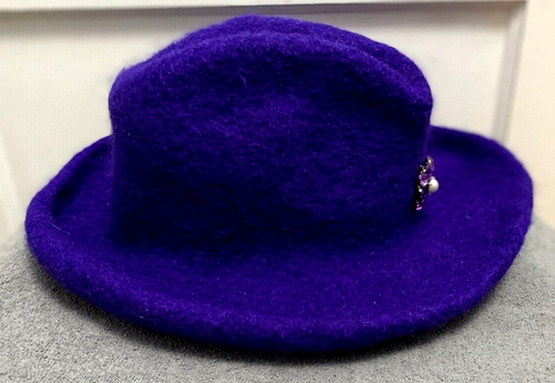 Vintage Fedora Floppy Brim Purple Wool Hat Womens Size Medium - Picture 3 of 8