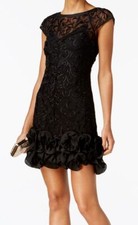 Guess Women's Black Floral Unlined Lace Ruffled Cape Sleeve Sheath Dress Size 12