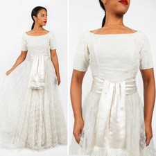 Vintage 50s White Floral Tulle Wedding Dress w Satin Sash by Emma Domb  XS/S
