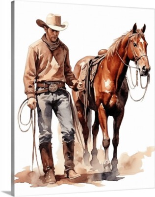 Old West Montana Cowboy and his horse Gallery Canvas Wrap art Print Western Art