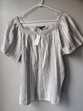 Banana Republic Factory Stripe Textured Peasant Top, Linen Cotton - White L NWT