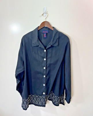 Denim & Co Womens Linen Embroidered Button Up Shirt 2X Classic Coastal Grandma