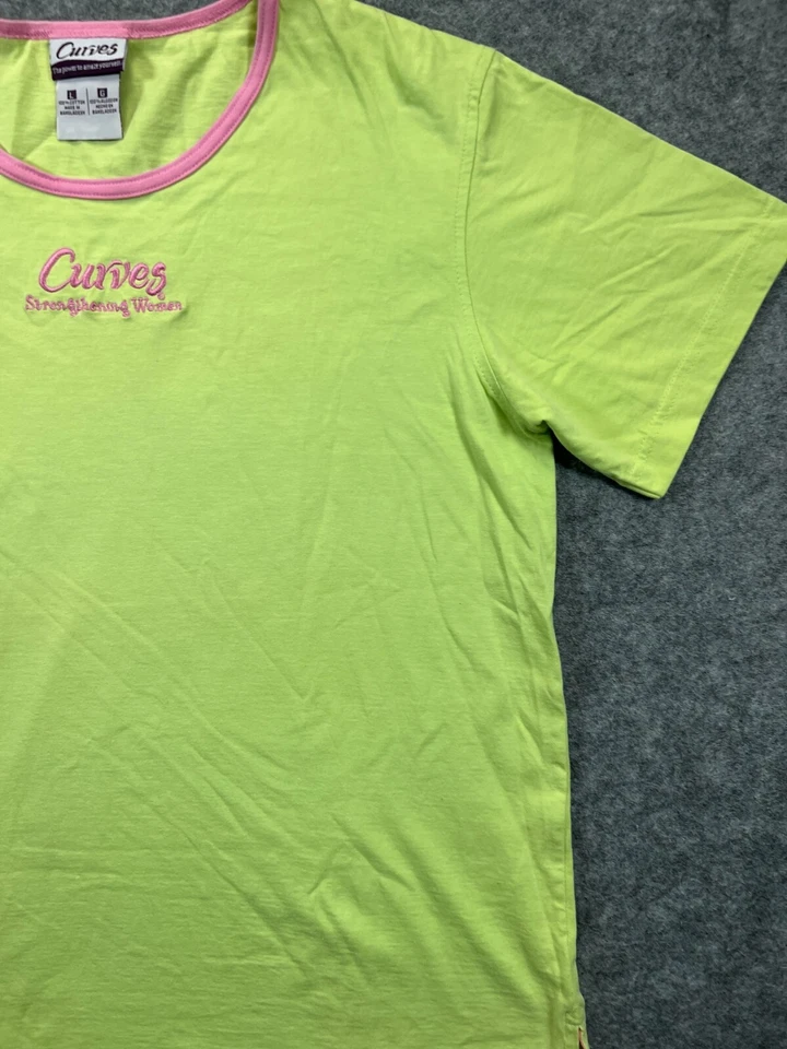 Camiseta CURVES Mujer Grande Verde Rosa Borde Crew Camiseta Gráfica Damas  Foto 4 de 4