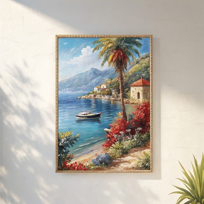 Reiselandschaft Poster mediterran inspiriert Kunstdruck - Strand üppige Palmen Fishin