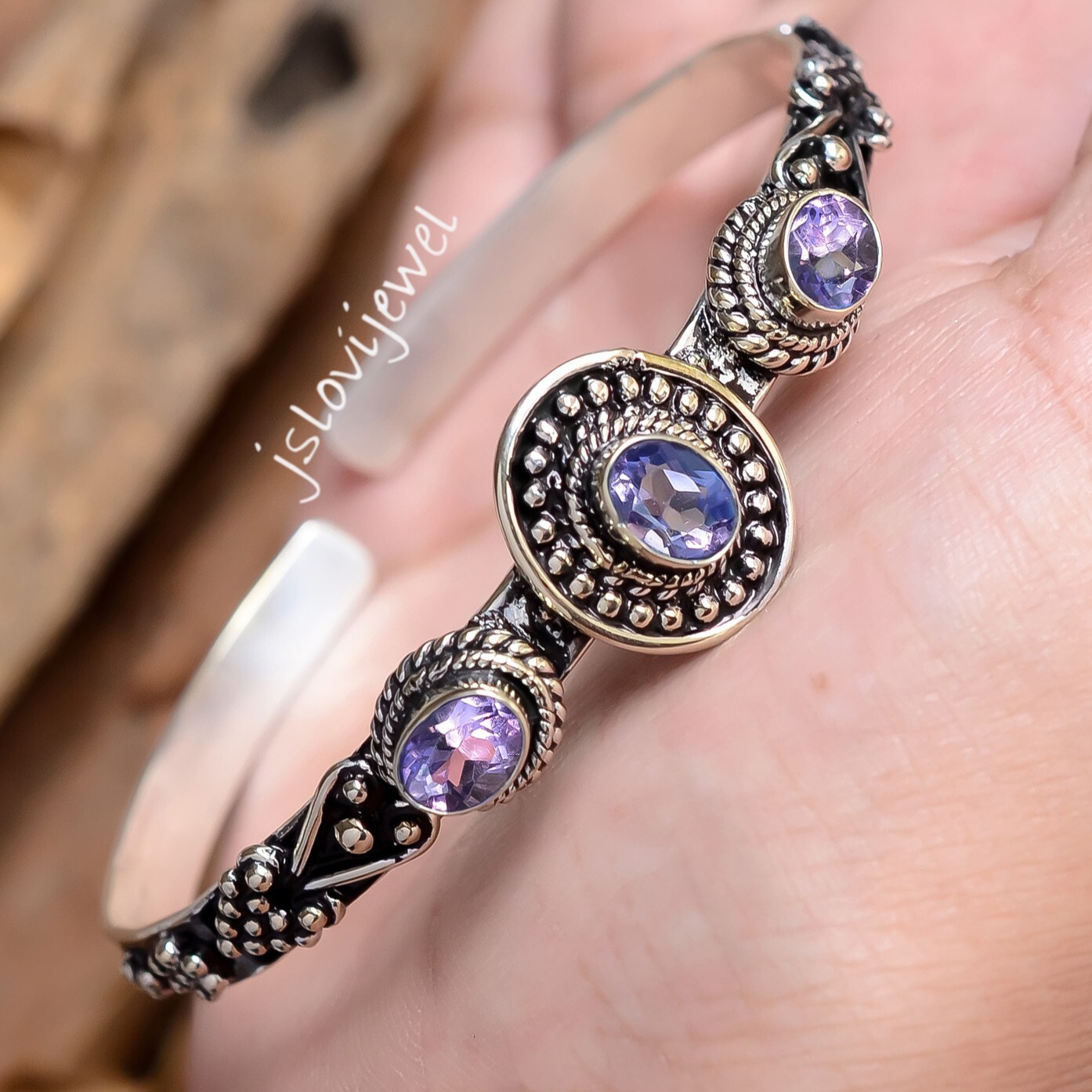 Brazalete de plata de ley 925 oxidado con piedras preciosas talla amatista para mujer/C-28