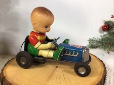 Vintage RARE Tin Litho Boy In Go Cart~Red Shirt #7 Blue Car~1950’s Japan~NICE !!