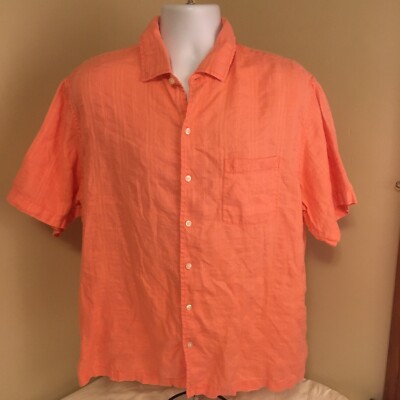 Caribbean Mens Shirt Linen Blend Short Sleeve XL Peach Subtle Plaid Free Ship!